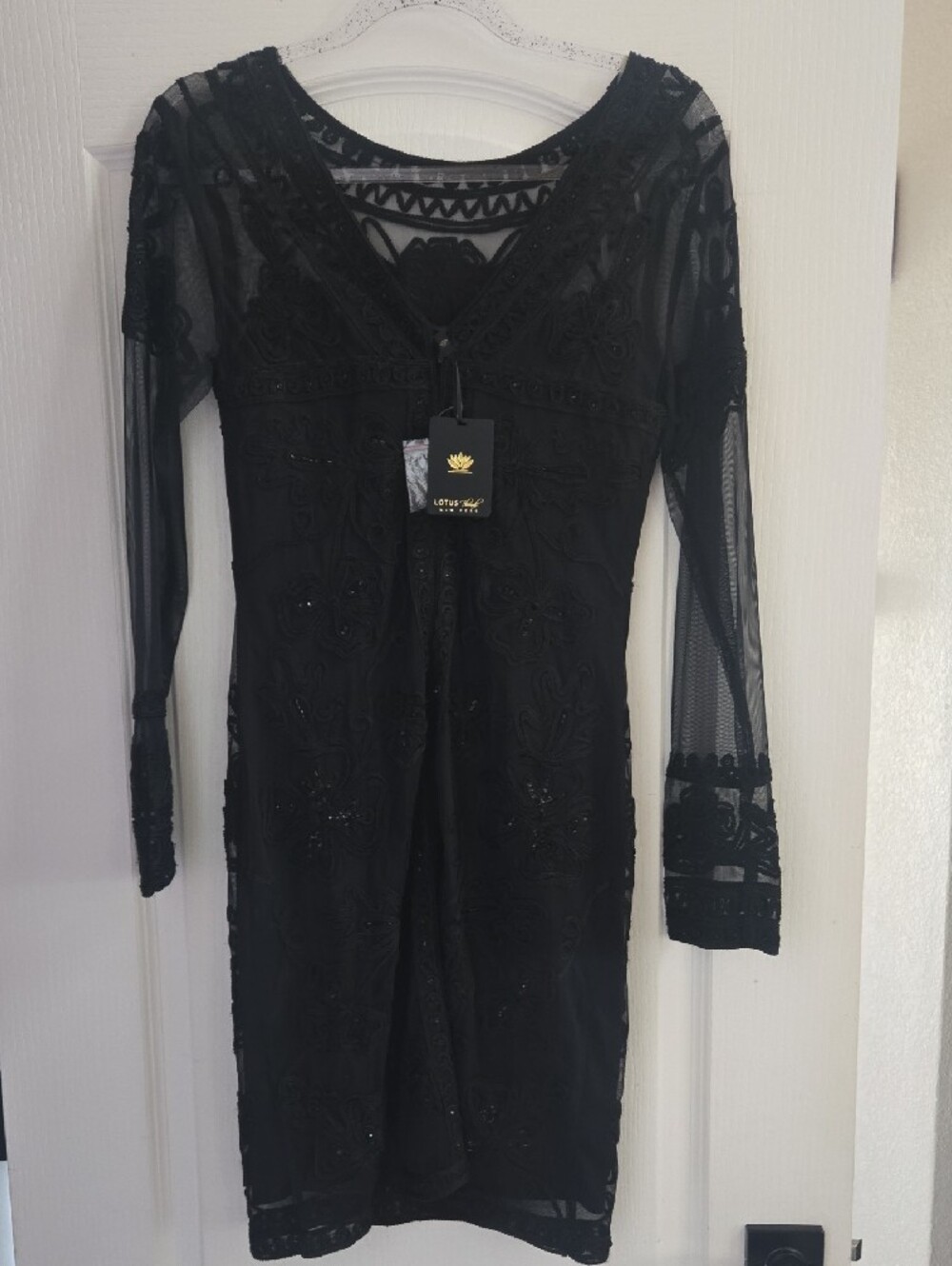 Lotus Black Embroidered Midi Dress with V-Neck